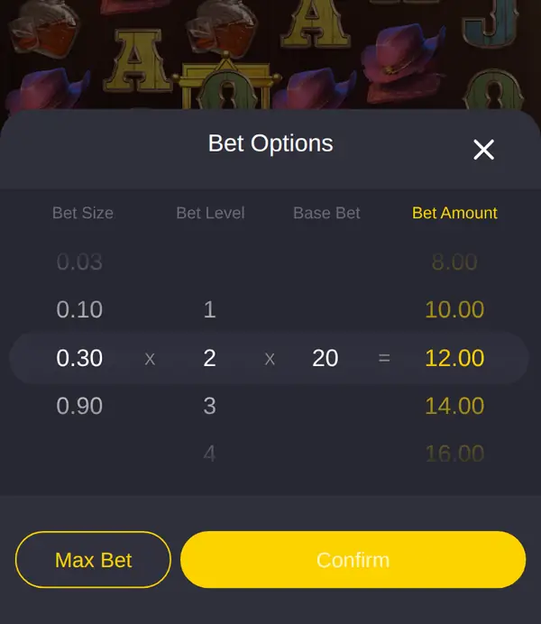 Wild Bounty Showdown mobile Bet Options panel Wild Bounty Showdown mobile Bet Options panel