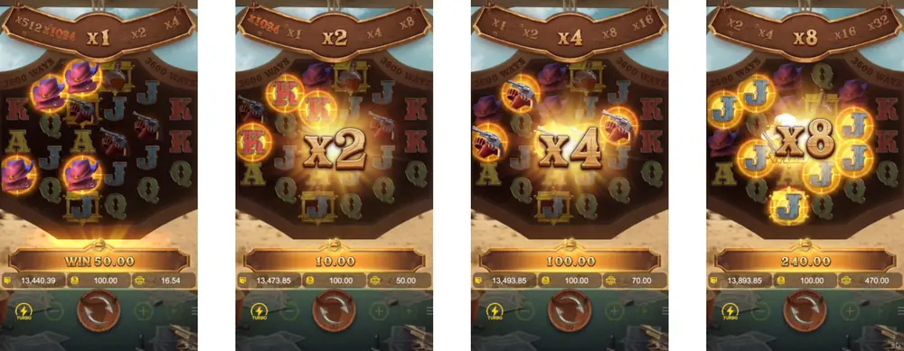 Wild Bounty Showdown win multiplier doubling from x1 to x8 over four cascades