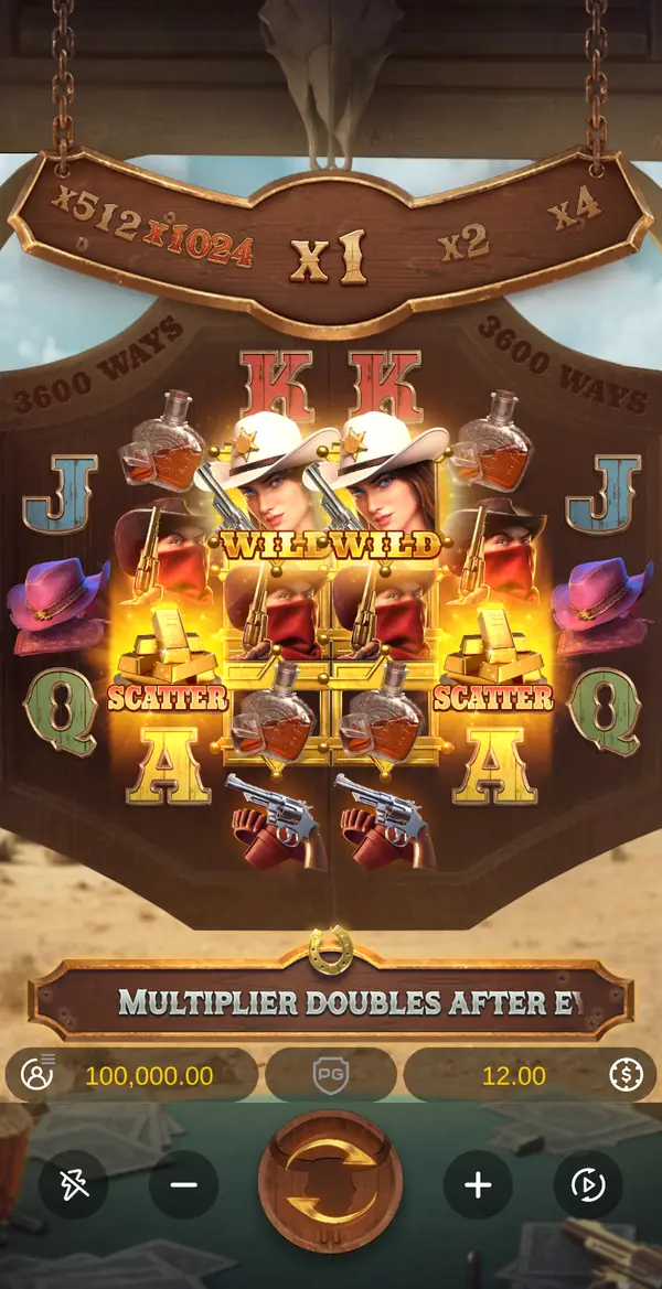 Wild Bounty Showdown reels with two sheriff Wilds and the x1 multiplier bar